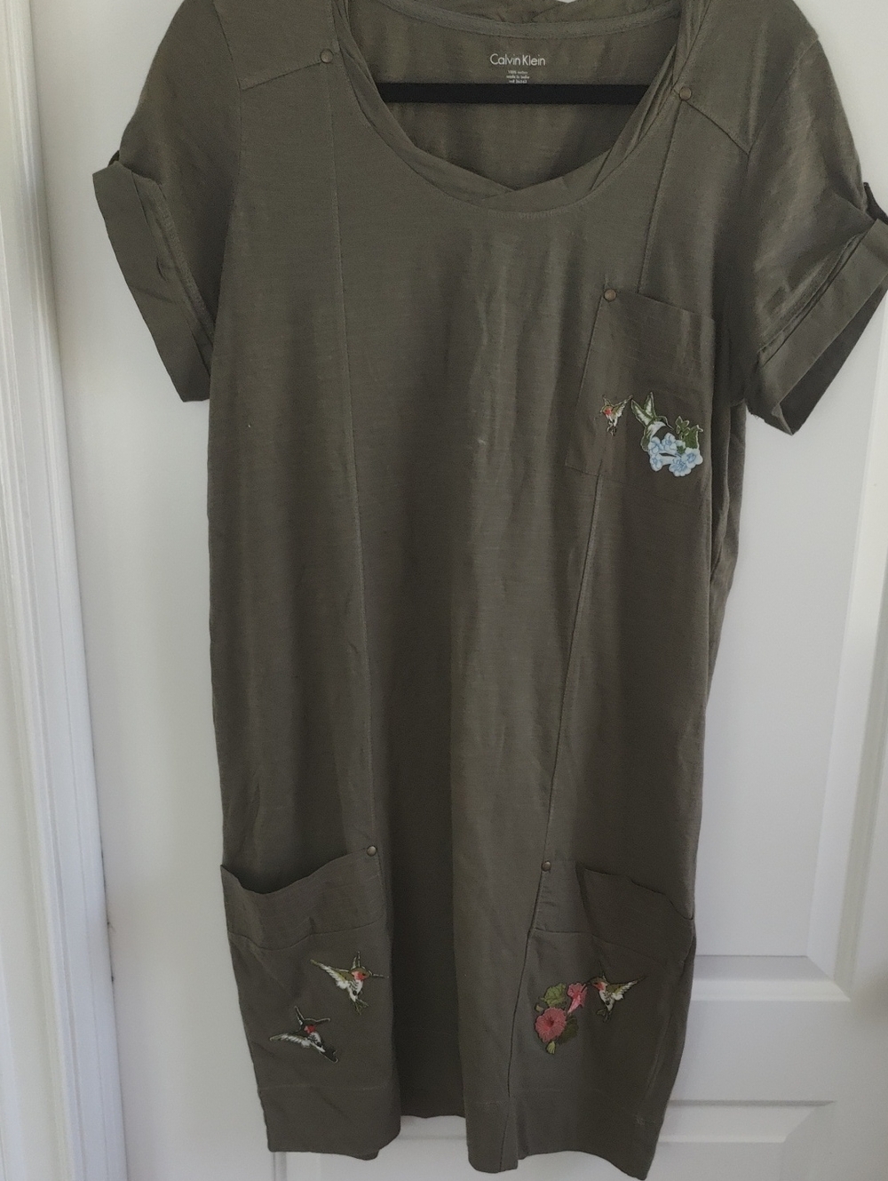 Calvin Klein Olive Green Short Sleeve Shift Dress with Floral Embroidery